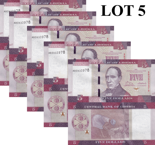 Liberia 5 Dollars 2016 P 31a UNC 1/20 Bundle Lot 5 pcs