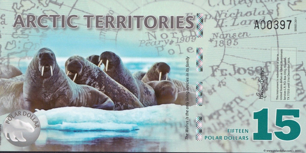Arctic Territories 15 Dollars 2011 Polymer Walrus Sea TEST NOTE UNC