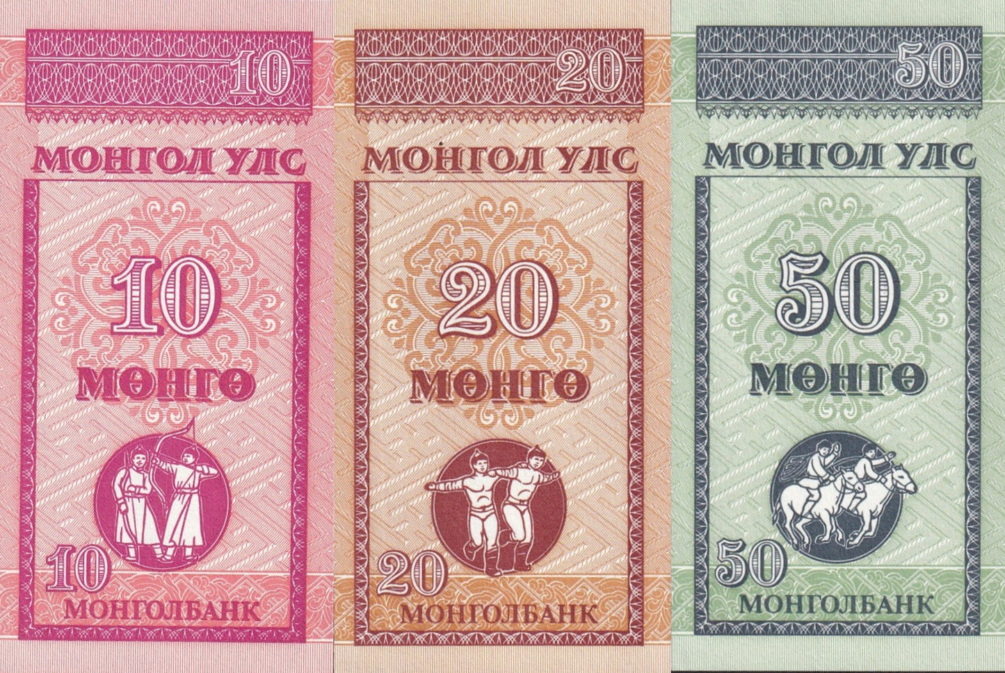 Mongolia 10 20 50 Mongo ND 1993 P 49 50 51 UNC Set 3 Lot 10 pcs AA Prefix