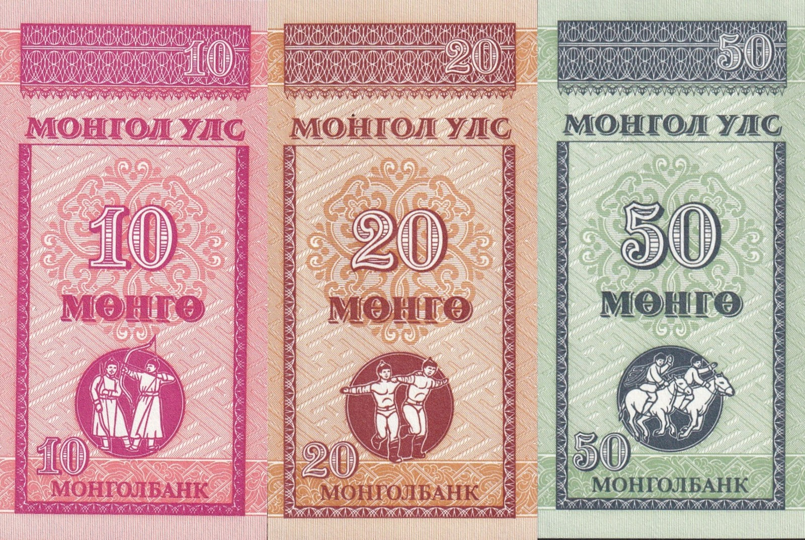 Mongolia 10 20 50 Mongo ND 1993 P 49 50 51 UNC Set 3 Lot 10 pcs AA Prefix