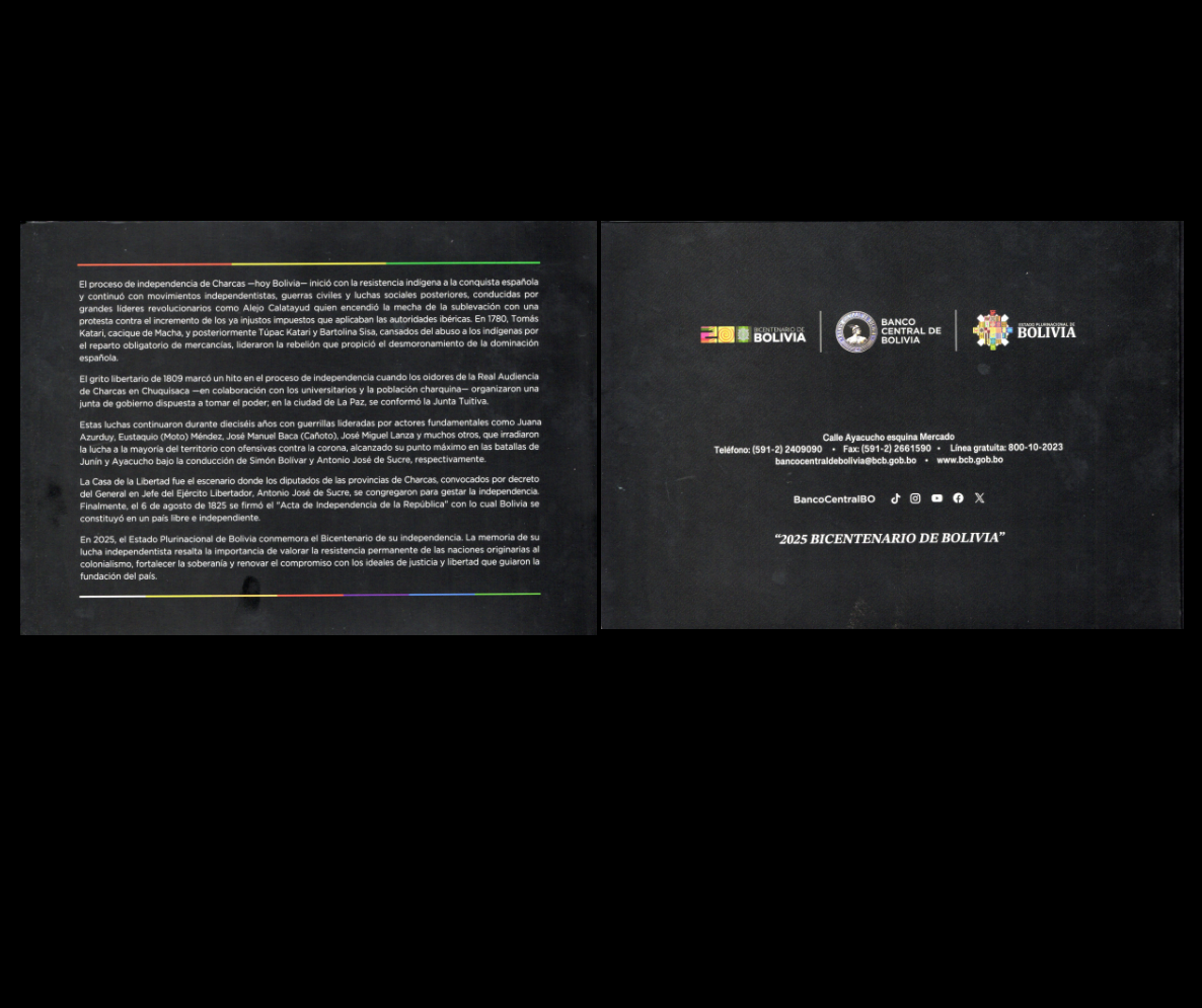 Bolivia 1825-2025 200 Anniversary Polymer UNC Commemorative With Folder