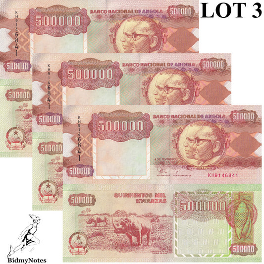 Angola 500000 Kwanzas 1991 P 134 Rhino UNC LOT 3 pcs