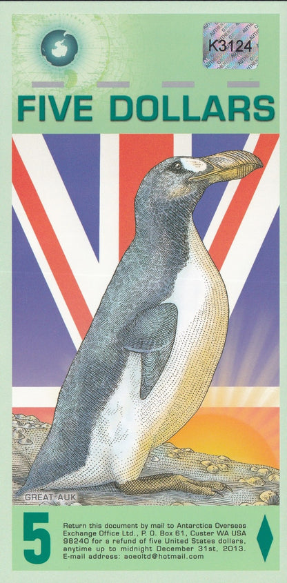 Antarctica 5 Dollars 2008 Polymer TEST NOTE UNC