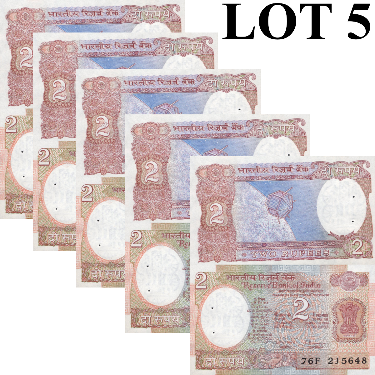 India 2 Rupees 1975-1996 P 79m UNC With Hole 1/20 Bundle Lot 5 pcs