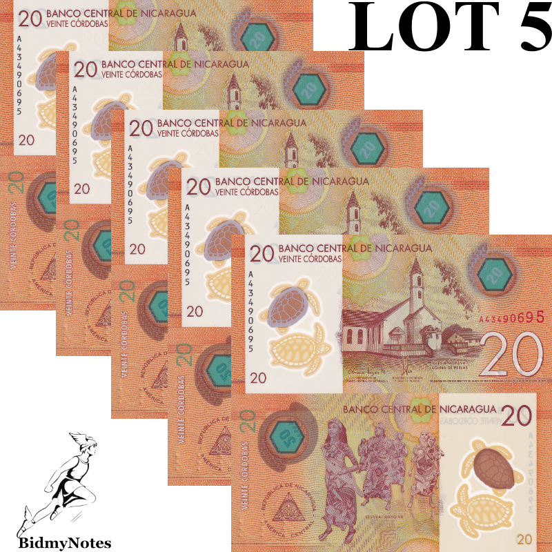 Nicaragua 20 Cordobas 2019 P 210 Polymer UNC 1/20 Bundle LOT 5 pcs