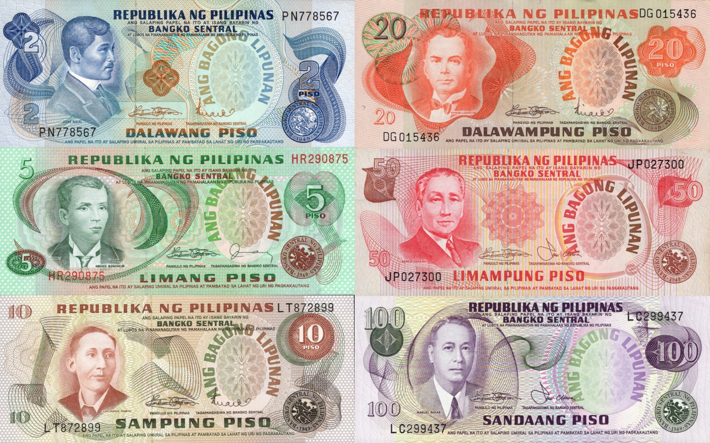 Philippines 2-100 Piso 1970-78 P 152 160d 161 155 163 164 UNC MINOR FOXING Set 6
