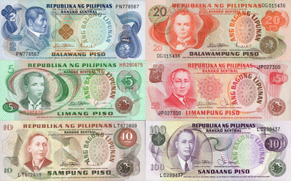 Philippines 2-100 Piso 1970-78 P 152 160d 161 155 163 164 UNC MINOR FOXING Set 6