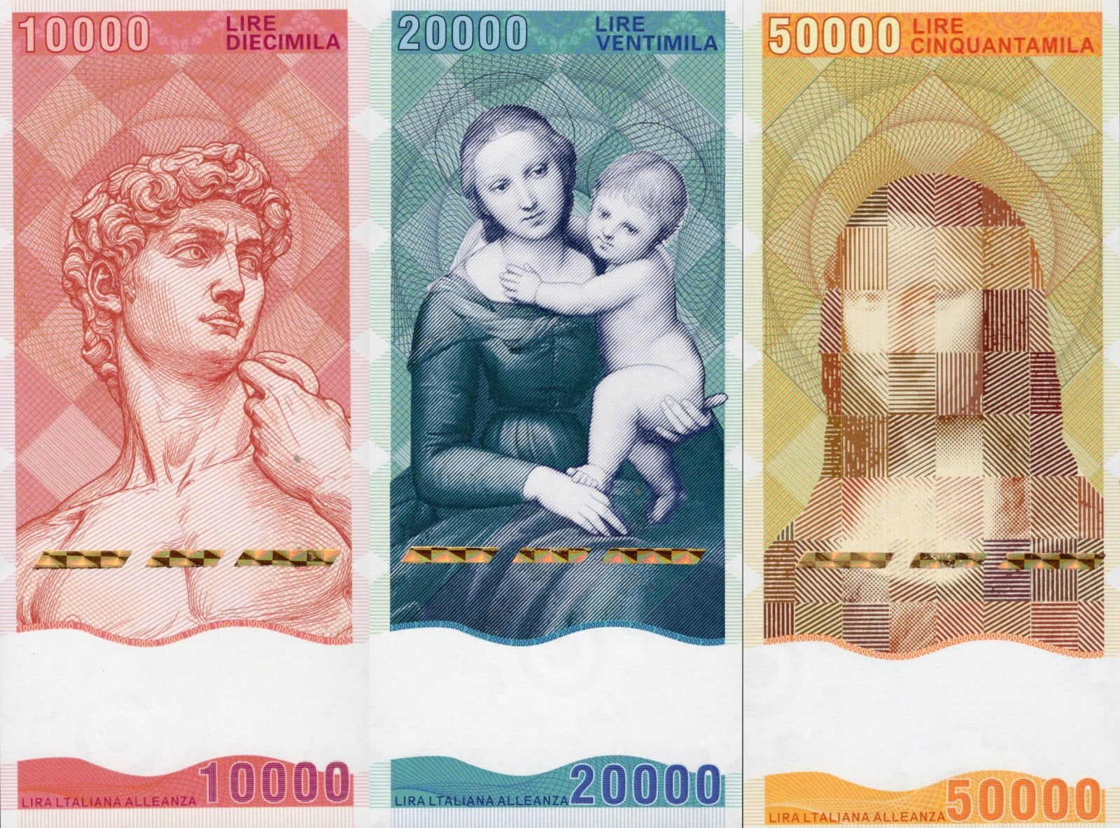 Italy TEST NOTE 10000 20000 50000 Lire Renaissance Artists Banknote Set 3 p UNC