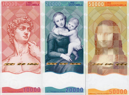 Italy TEST NOTE 10000 20000 50000 Lire Renaissance Artists Banknote Set 3 p UNC