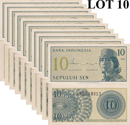 Indonesia 10 Sen 1964 P 92 UNC 1/10 Bundle LOT 10 pcs