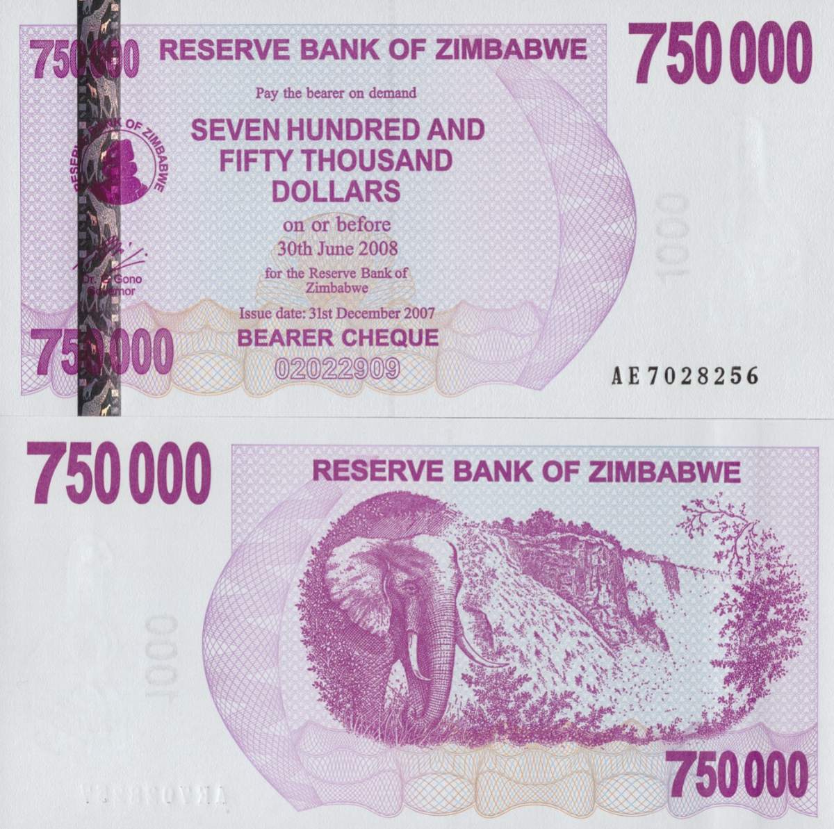 Zimbabwe 750000 Dollars 2007 P 52 UNC 1/20 Bundle Lot 5 pcs