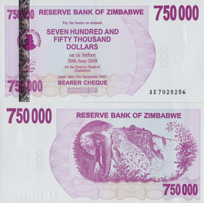 Zimbabwe 750000 Dollars 2007 P 52 UNC 1/20 Bundle Lot 5 pcs