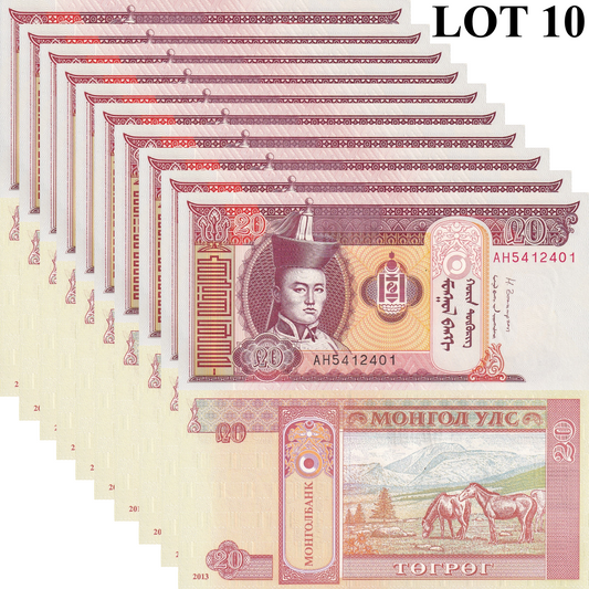 Mongolia 20 Togrog 2013 P 63g UNC 1/10 Bundle Lot 10 pcs