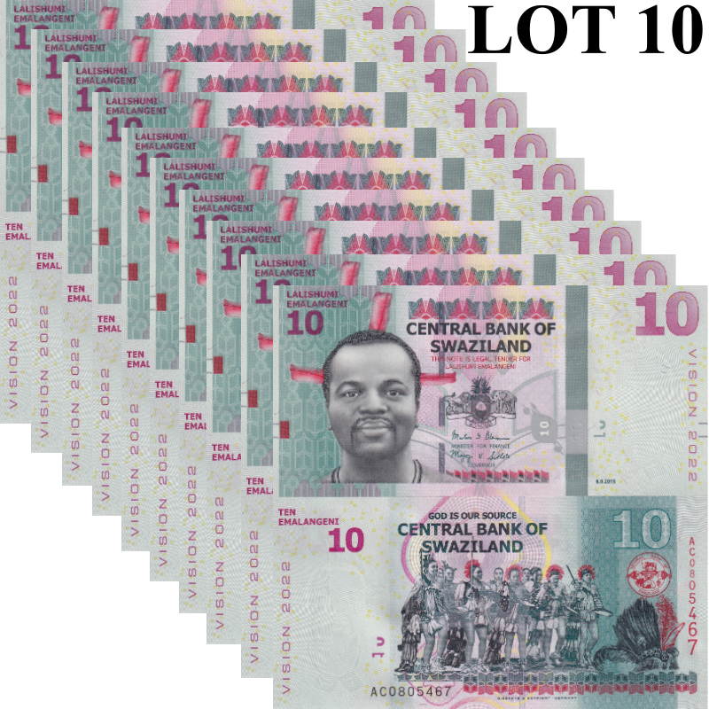 Swaziland Eswatini 10 Emalangeni 2015 P 41 Vision 2022 UNC 1/20 Bundle Lot 10 p