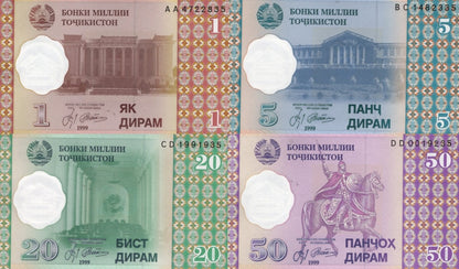 Tajikistan 1 5 20 50 Diram 1999 P 10 11 12 13 UNC Set 4 pcs