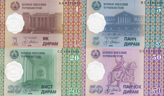 Tajikistan 1 5 20 50 Diram 1999 P 10 11 12 13 UNC Set 4 pcs