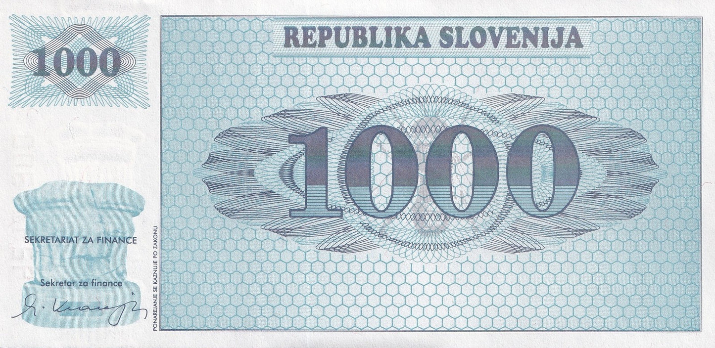 Slovenia 1000 Tolarjev 1992 P 9b UNC SPECIMEN