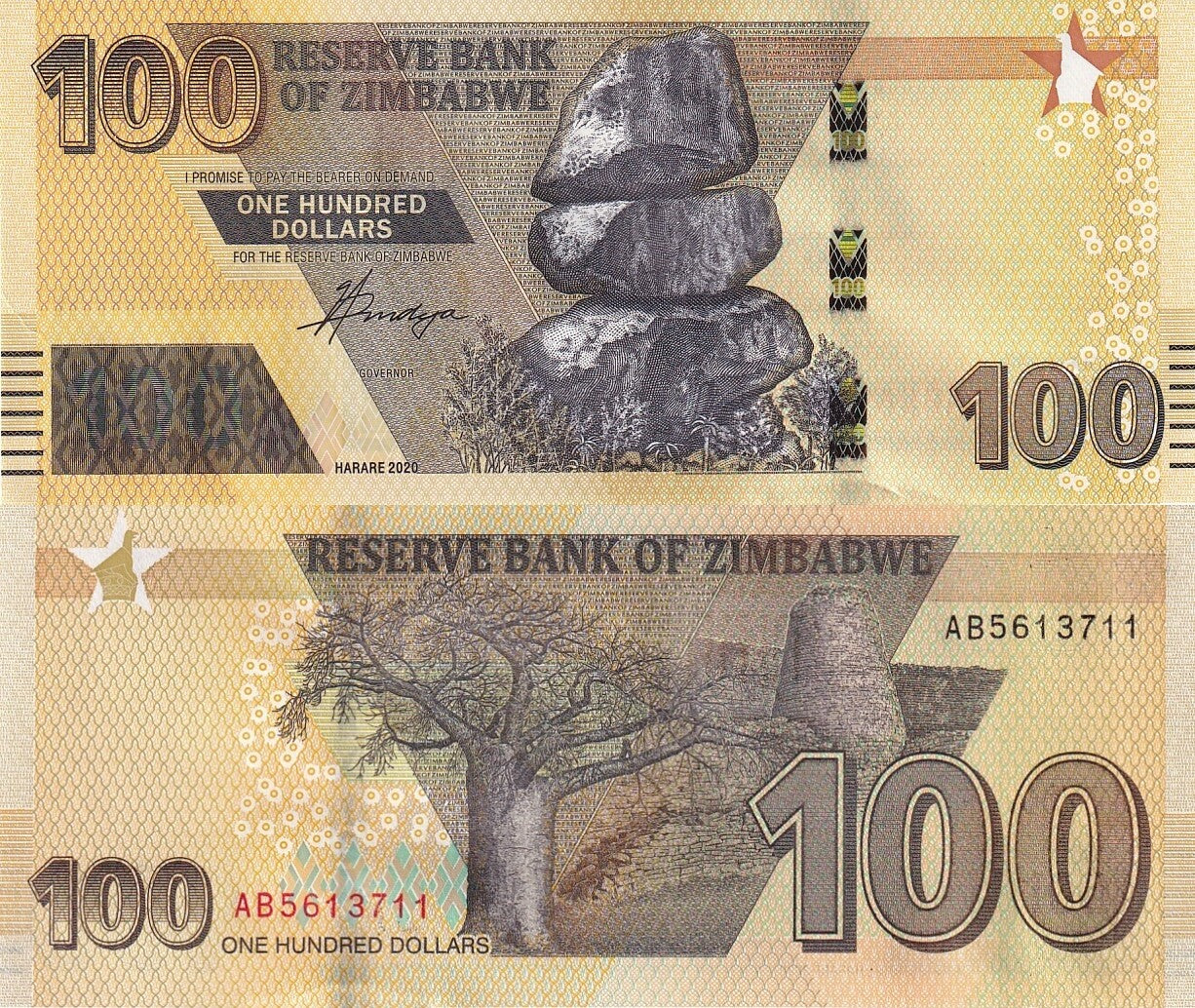 Zimbabwe 100 Dollars 2020 P 106 UNC
