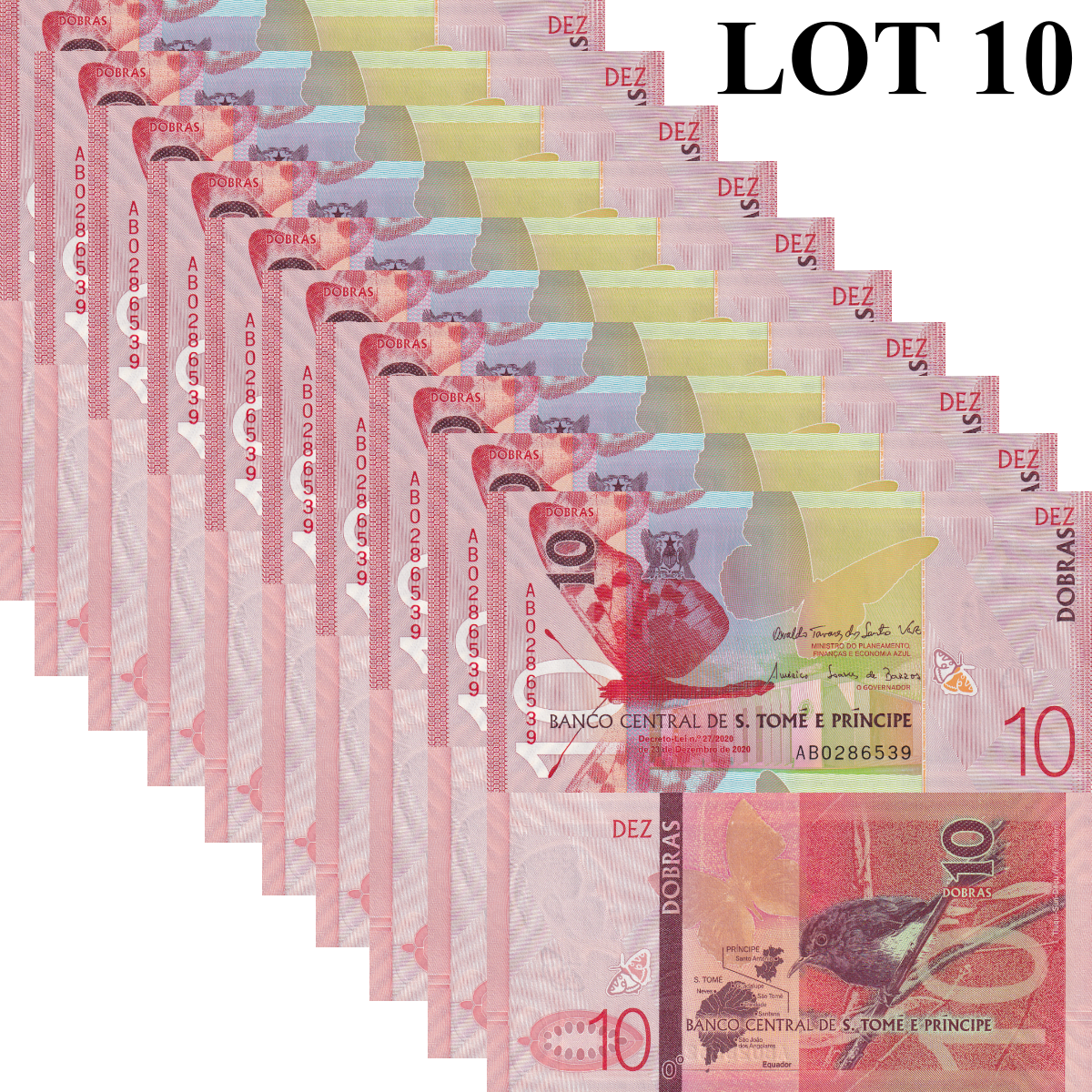 Sao Tome E Principe 10 Dobras 2020-2023 P 77 UNC 1/10 Bundle Lot 10 pcs