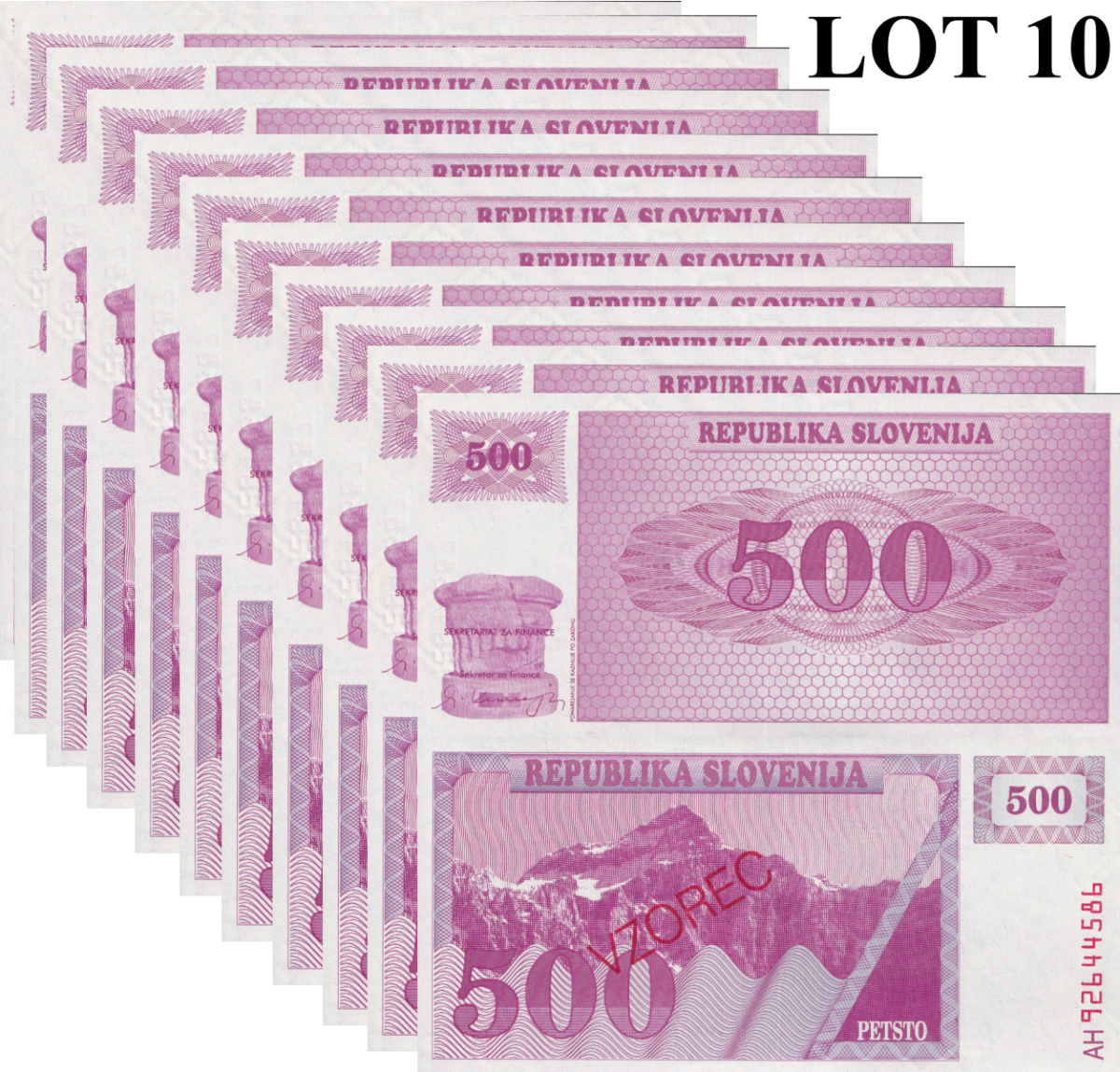 Slovenia 500 Tolarjev 1990 P 8b UNC SPECIMEN 1/10 Bundle Lot 10 pcs