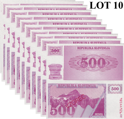 Slovenia 500 Tolarjev 1990 P 8b UNC SPECIMEN 1/10 Bundle Lot 10 pcs