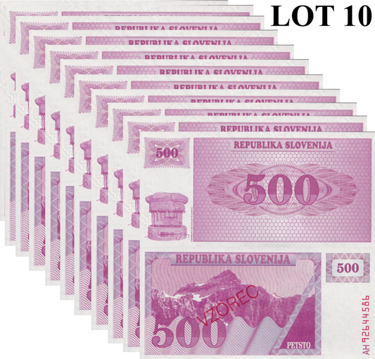 Slovenia 500 Tolarjev 1990 P 8b UNC SPECIMEN 1/10 Bundle Lot 10 pcs