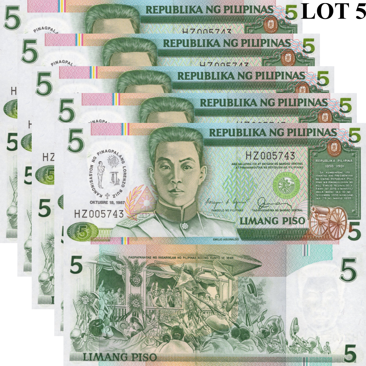 Philippines 5 Piso 1987 P 176 UNC COMM. LOW S/N 00XXXX LOT 5 pcs 1/20 Bundle