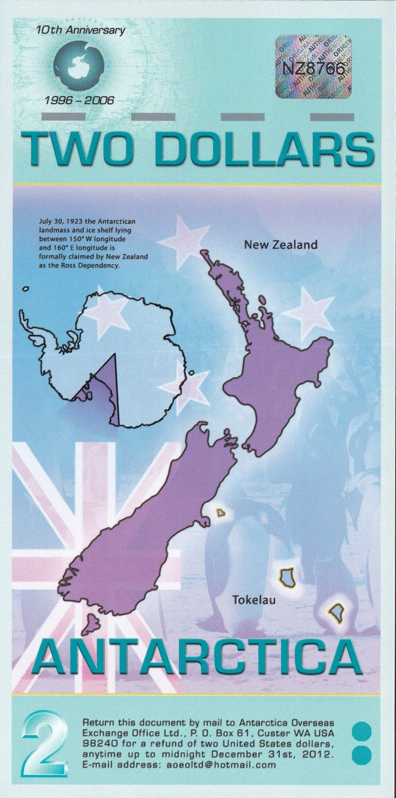 Antarctica 2 Dollars 2007 Polymer P NL TEST NOTE UNC