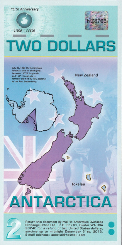 Antarctica 2 Dollars 2007 Polymer P NL TEST NOTE UNC