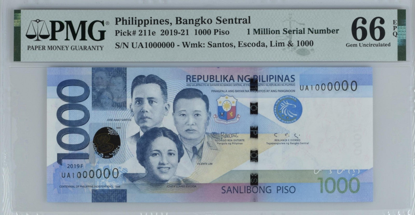 Philippines 1000 Piso 2019 P 211e UNC PMG 66 EPQ 1 MILLION - 1000000 3rd TOP POP
