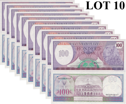 Suriname 100 Gulden 1985 P 128b UNC 1/10 Bundle Lot 10 pcs