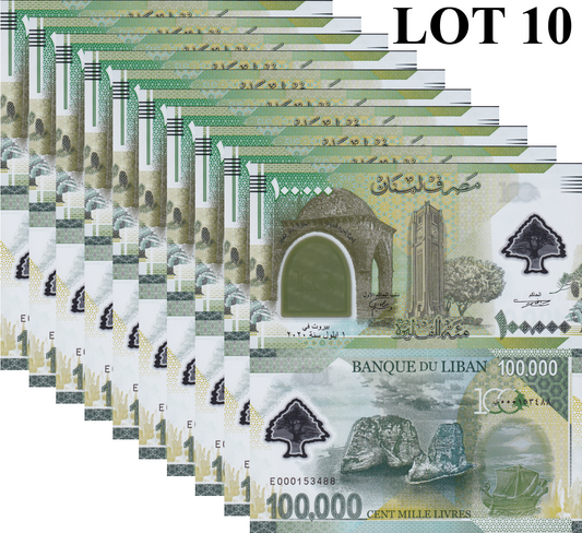 Lebanon 100000 Livres 2020 P 99 Polymer UNC Commemorative 1/10 Bundle Lot 10 pcs