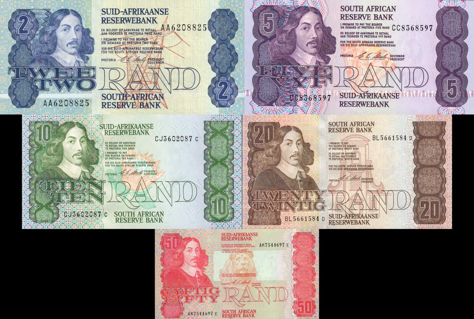 South Africa 2 5 10 20 50 Rand 1990 P 118 119 120 121 122 UNC Set 5 pcs