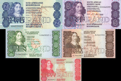 South Africa 2 5 10 20 50 Rand 1990 P 118 119 120 121 122 UNC Set 5 pcs