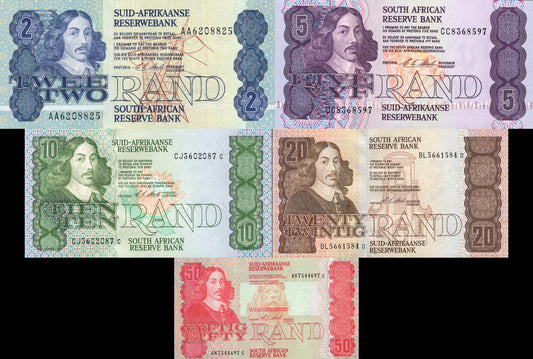 South Africa 2 5 10 20 50 Rand 1990 P 118 119 120 121 122 UNC Set 5 pcs