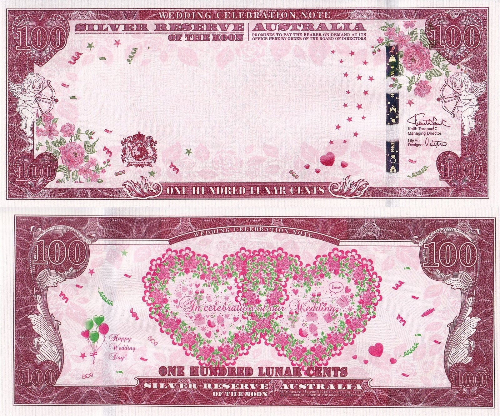 Australia 100 Cents UNC Silver Reserve of the Moon Wedding Celebration Note W/F