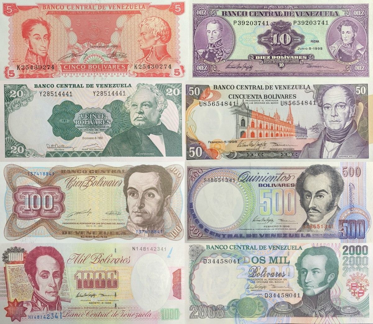 Venezuela 5 10 20-2000 Bolivares 1989-98 P 70 61 63-77 UNC MINOR FOXING Set 8 p