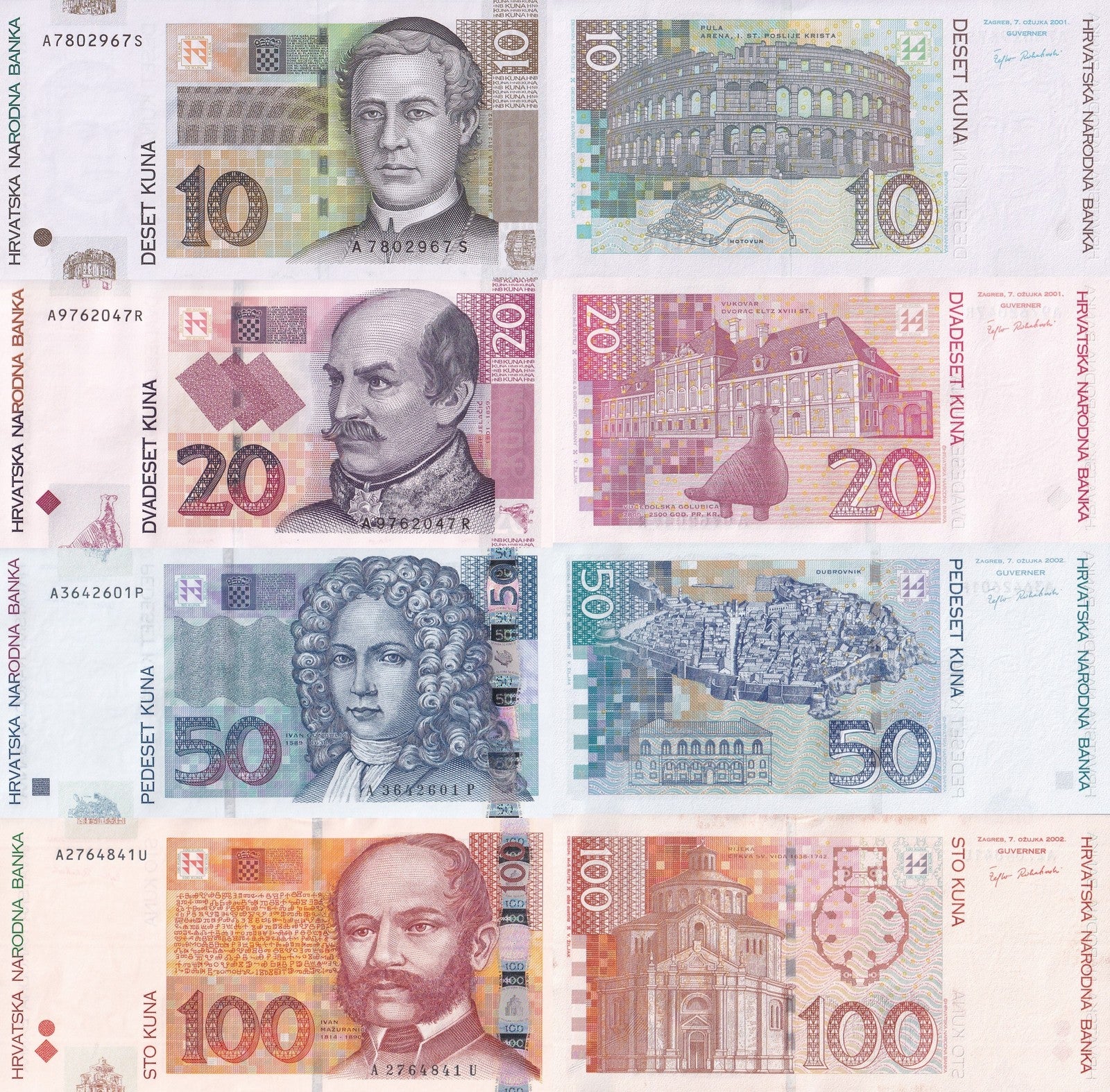 Croatia 10 20 50 100 Kuna 2001-2002 P 38a 39a 40 41a UNC Set 4 pcs