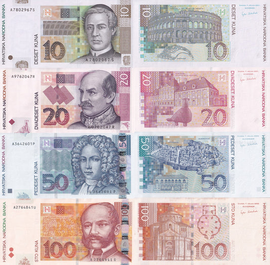 Croatia 10 20 50 100 Kuna 2001-2002 P 38a 39a 40 41a UNC Set 4 pcs