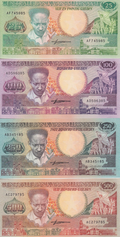 Suriname 25 100 250 500 Gulden 1986-1988 P 132 133 134 135b UNC Set 4 pcs