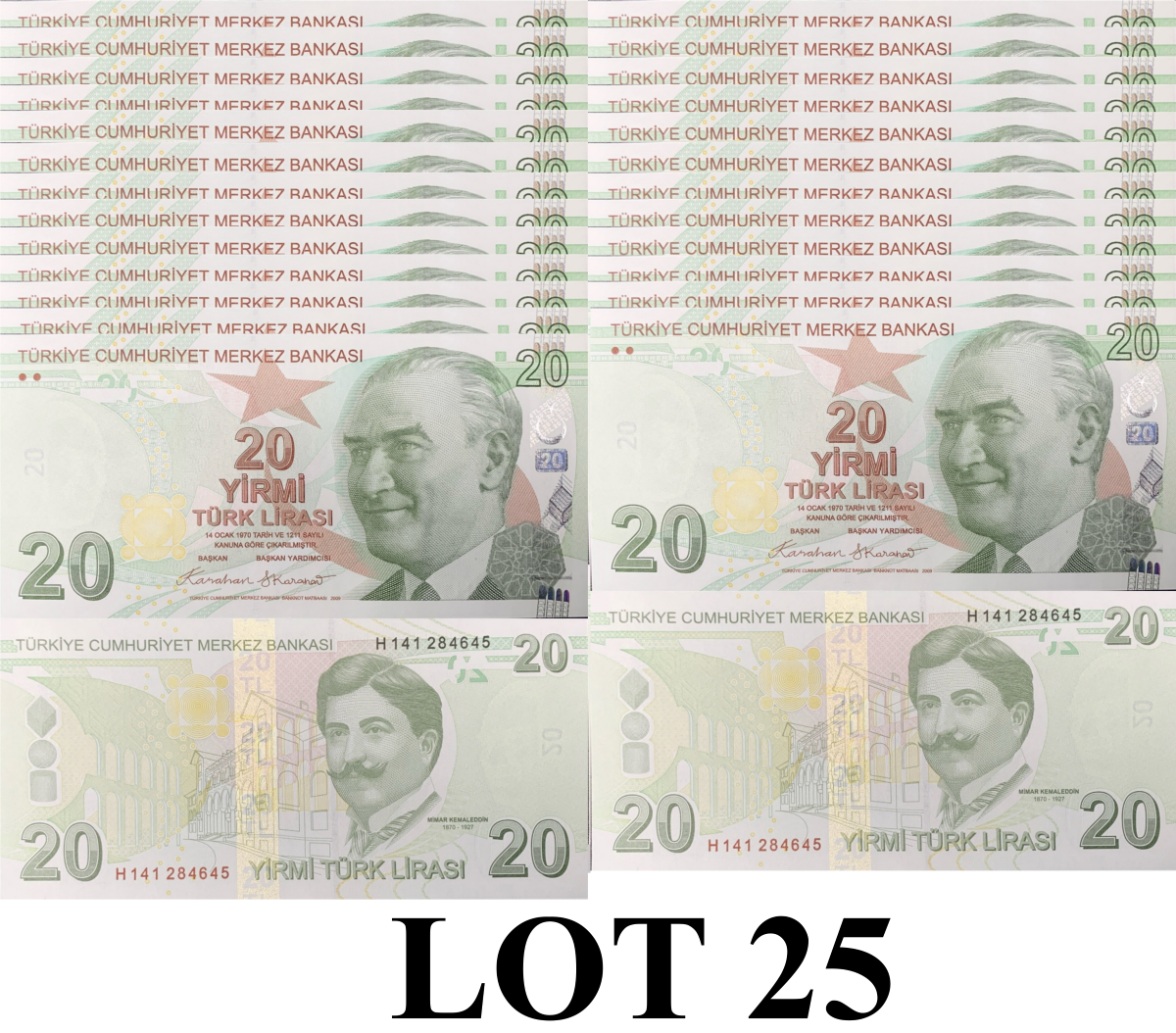 Turkey 20 Turk Lirasi 2009/2025 P 224 New Date UNC 1/4 Bundle Lot 25 pcs