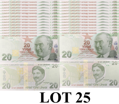 Turkey 20 Turk Lirasi 2009/2025 P 224 New Date UNC 1/4 Bundle Lot 25 pcs