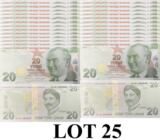 Turkey 20 Turk Lirasi 2009/2025 P 224 New Date UNC 1/4 Bundle Lot 25 pcs