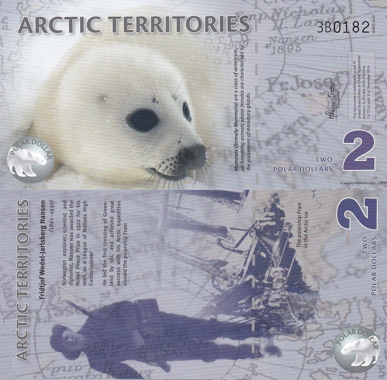 Arctic Territories 2 Dollar 2010 Polymer Polar Seal UNC