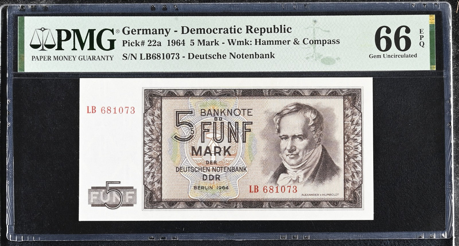 Germany Democratic Republic 5 Mark 1964 P 22a UNC PMG 66 EPQ