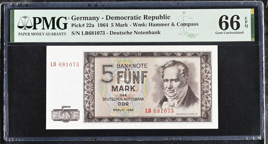 Germany Democratic Republic 5 Mark 1964 P 22a UNC PMG 66 EPQ