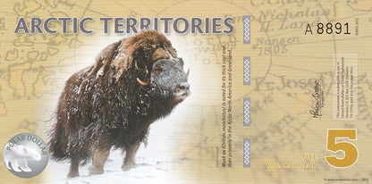 Arctic Territories 5 Polar Dollars 2012 UNC Series A Polymer Note