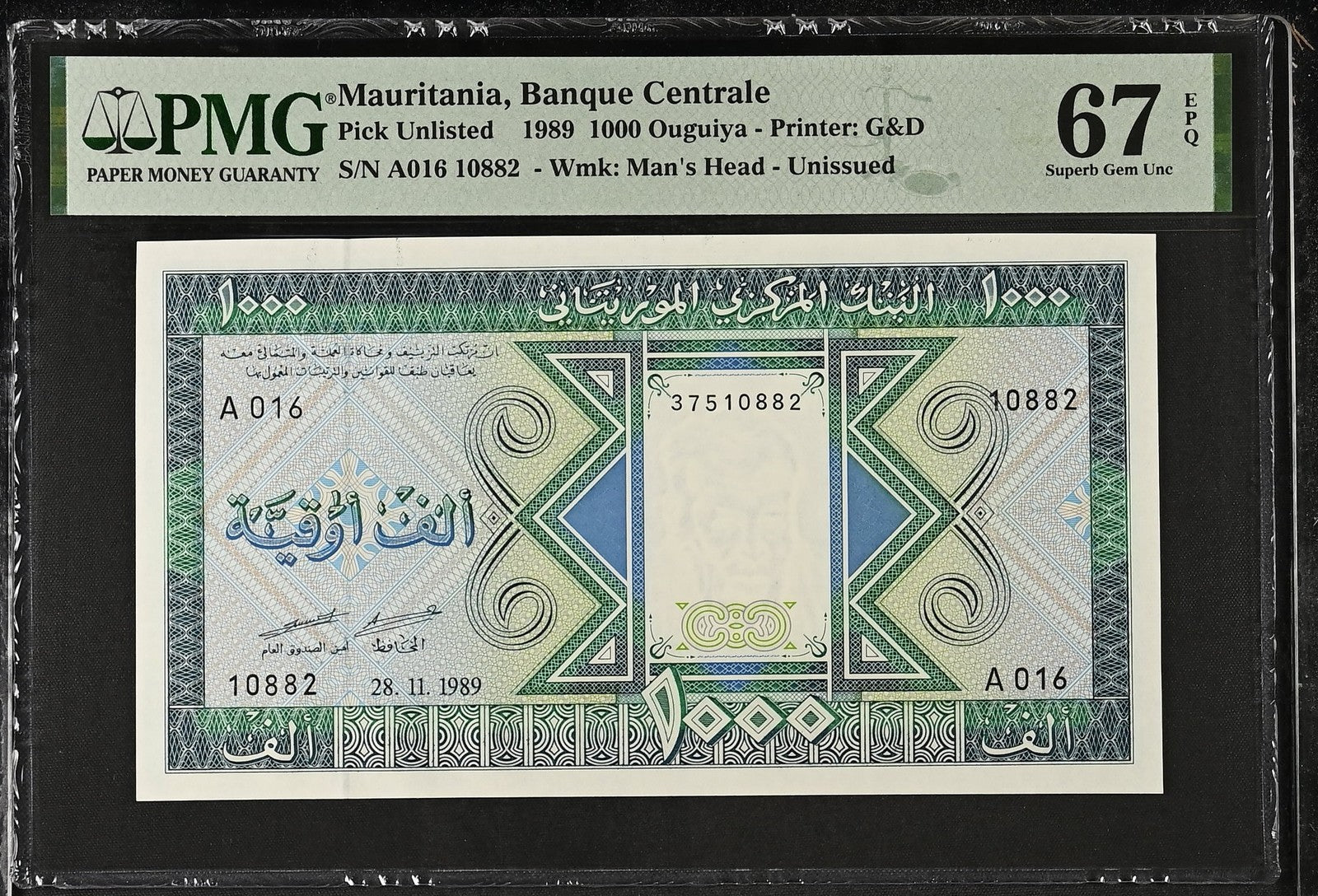 Mauritania 1000 Ouguiya 1989 P 7A UNC PMG 67 EPQ Unissued