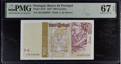 Portugal Banco de Portugal 500 Escudos 1997 P 187b UNC PMG 67 EPQ 2nd TOP POP
