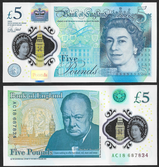 Great Britain 5 Pounds 2015 P 394 England QE II Polymer UNC